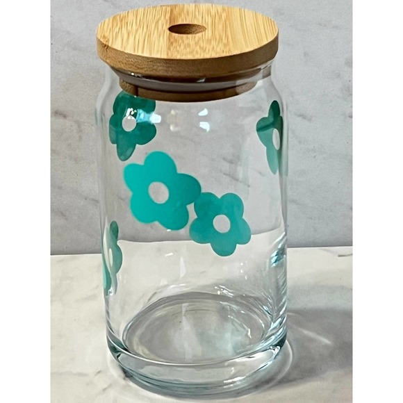 16 oz Glass Beer Can Aqua Flower Cold Brew Cup - Picture 5 of 8